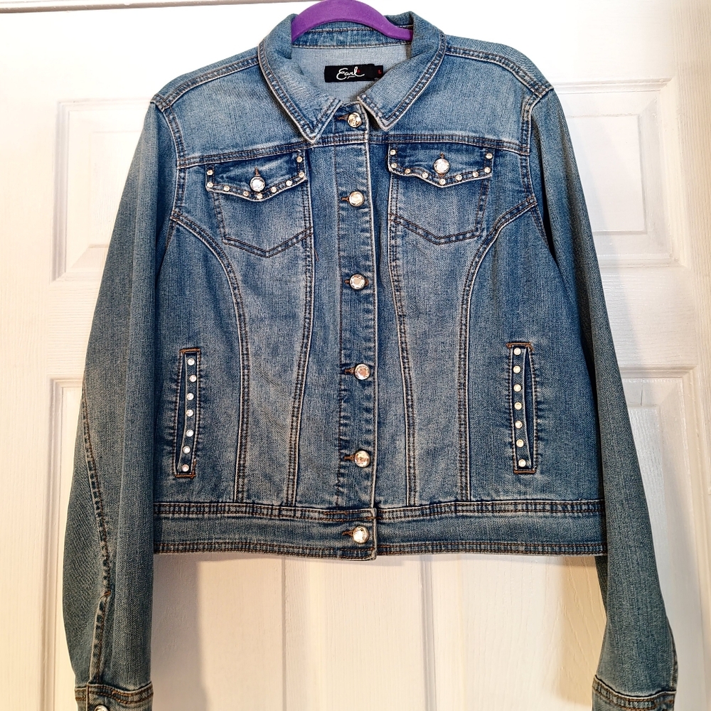 Earl Jeans Blue Denim Jacket with Pearl Accents
